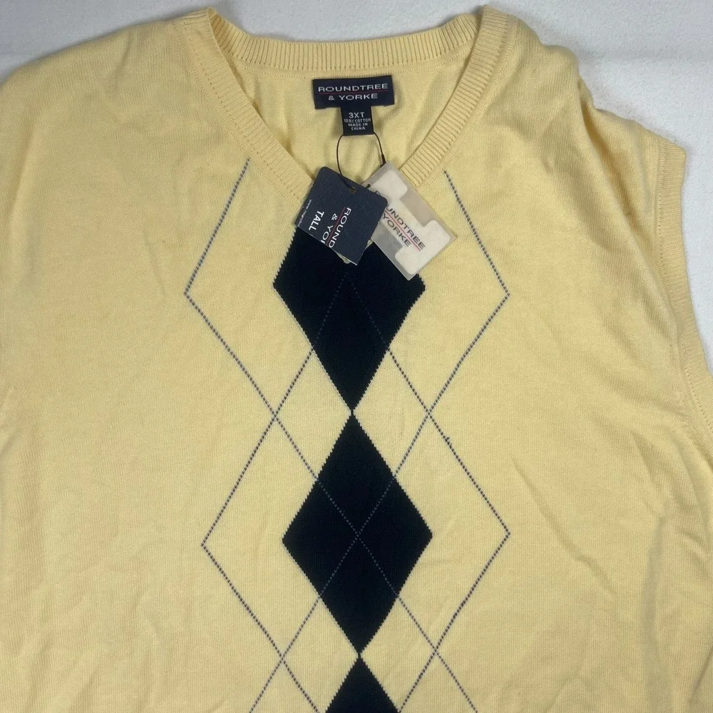 Roundtree & Yorke Sweater Men's 3XT Yellow Argyle‎ Pattern Knit V-Neck Pullover